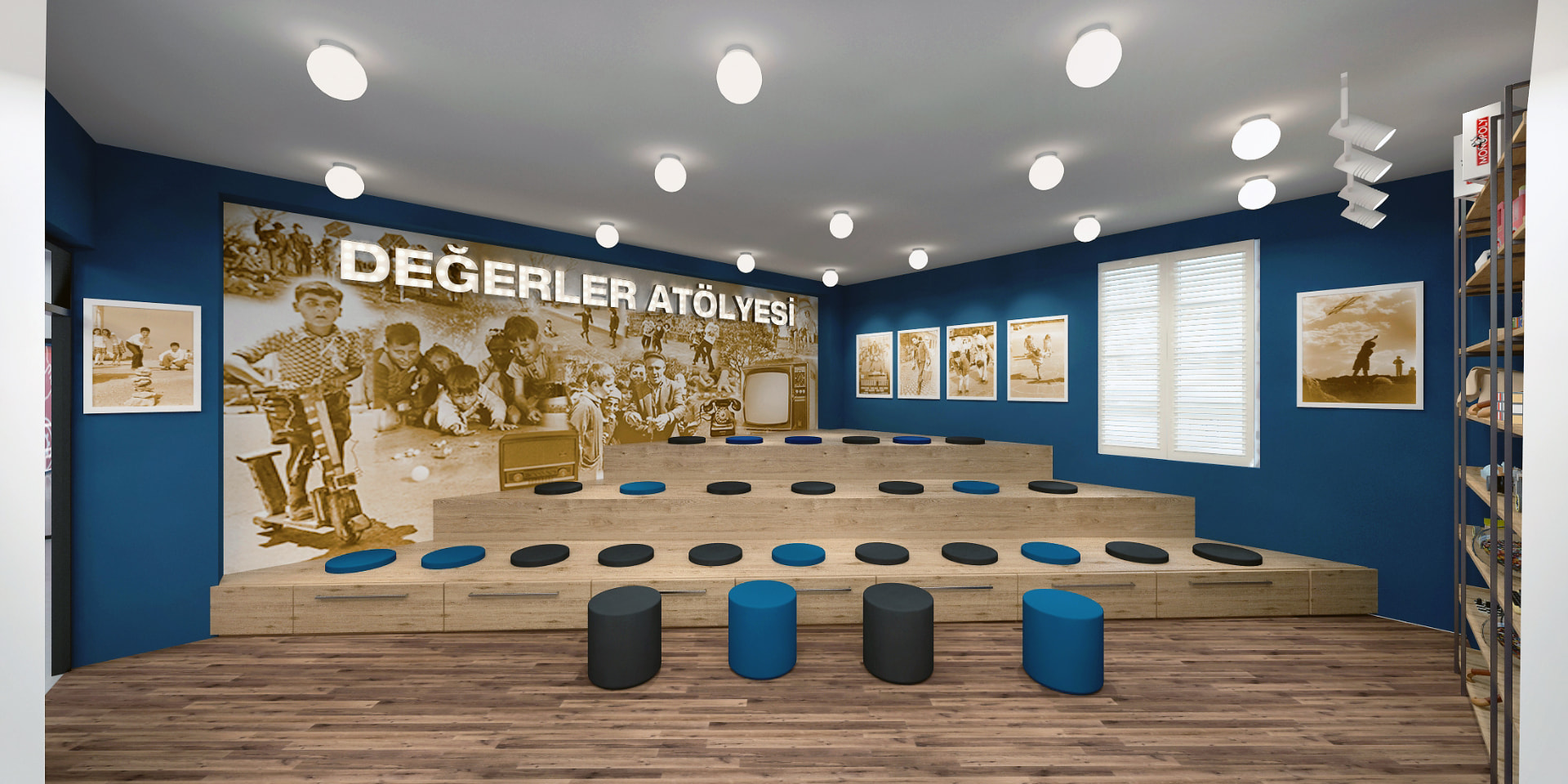 Değerler atölyesi, ahşap basamaklı oturma alanı