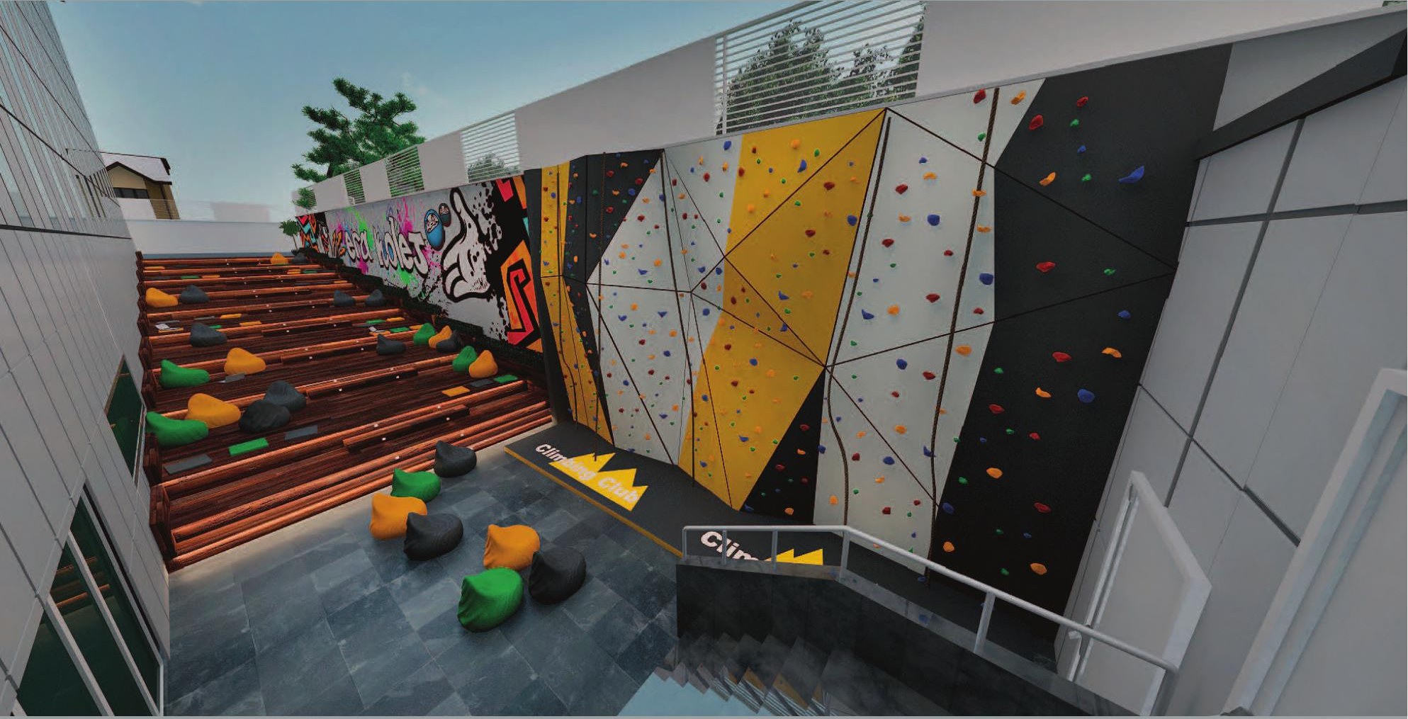 Climbing Club tırmanma duvarı ve oturma basamakları